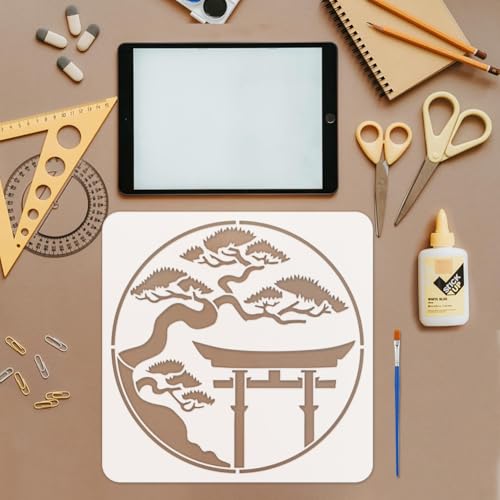 FINGERINSPIRE Japanese Torii Gate Painting Stencil with Brush 11.8x11.8inch Plastic PET Argyro Pine Trees Drawing Template Decorative Hollowed Oriental Theme Stencil for Painting on Wood Canvas - style: Japanese Torii Gate