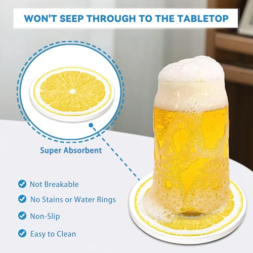 Drinks Coasters Set of 4, Lemonade Round 4" Cup Coasters, Absorbent Ceramic Stone Coasters with Cork Base, Cute Coasters for Table Home Décor, Ideal Gifts for Women Men - color: Lemonade