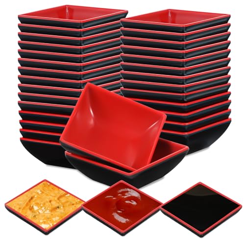 30 Pcs Dipping Bowls Soy Sauce Dishes Dipping Sauce Bowl Dip Serving Bowls Set Black Red Side Small Dish Bowls Melamine Sauce Cups Pinch Bowl for Condiment, Sauce, Soy, BBQ, Desserts(Square)