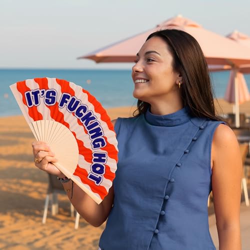 Fisura – Original folding fan with “f*cking hot” message. Modern and colorful wooden folding fan. Red wave folding fan. Includes strap. Fun gift idea. 16.7 x 9 in. - color: H*t, Red Waves