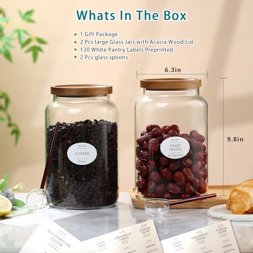 1 Gallon Glass Jars with Wood Lids and glass spoon, Sealable Waterproof, Borosilicate Large Tall Glass Sugar Flour Storage Container Jar Set for Candy, Cereal - 2 Pack (1 Gallon - 2 pack) - color: 1 Gallon - 2pcs