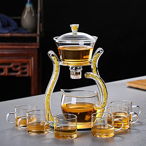RORA Lazy Kungfu Glass Tea Set Semi Automatic Drip Rotating with Infuser Glass Teapot Set (6 cups) - color: Gold, size: teapot set
