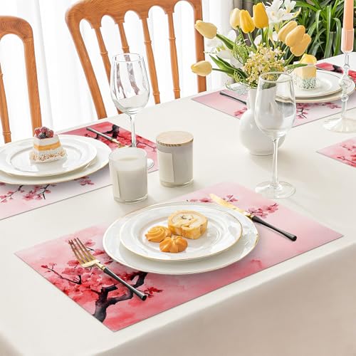 Japanese Cherry Blossom Placemats Set of 6, Pink Sakura Floral Place Mats, Flower Waterproof Washable Table Mats for Home Party Indoor Kitchen Dining Table Decoration 12x18 Inch - color: Cherry Blossom, size: Set of 6