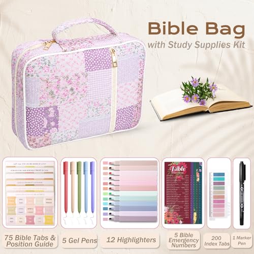 XKDOUS Bible Cover Case for Women Bible Bag Journaling Kit w/Study Supplies - color: Wine Patchwork, size: Large