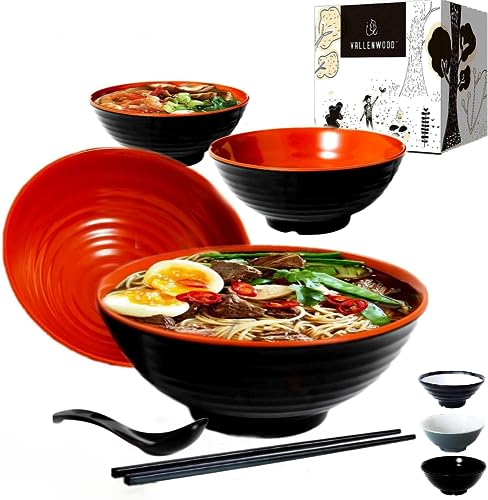 4 Ramen Bowls, 12 pieces Pho set. Red Black Ramen Bowl Set. Unbreakable Melamine. Asian Japanese soup. Spoons And Chopsticks kit. . XL 37 oz. Noodles, Rice, Udon, Thai, Chinese, Korean, Wonton, Miso - color: Red Black x4