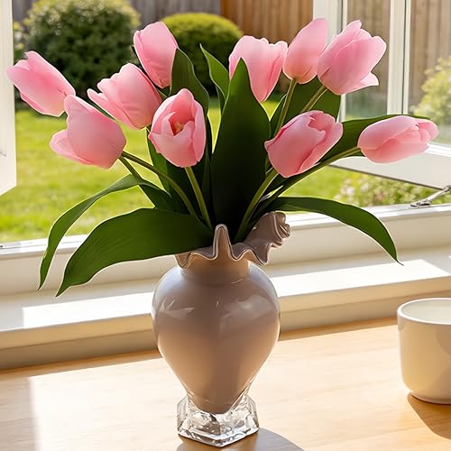 10 Stems 14 Inch Tulips Artificial Flowers Realistic Faux Flowers - color: Dark Pink