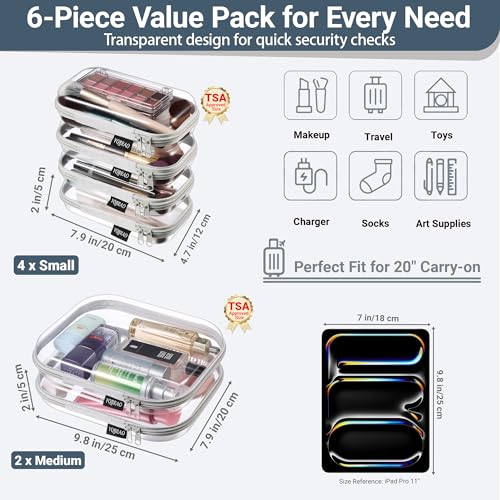 YQBRAO Clear Hard Shell Zipper Cases, 6 Travel Organizers, 2M 4S, Grey - color: Grey, size: 6 Pack (2M+4S)