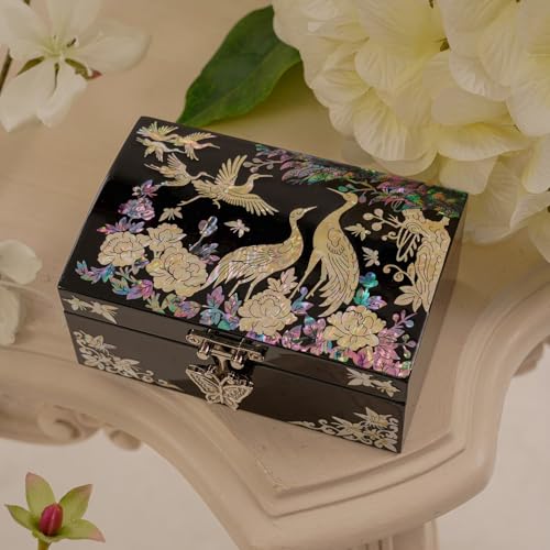 February Mountain Mother of Pearl Jewelry Box – Christmas, Birthday, Valentine’s Day & Mother’s Day Gift for Women, Wedding Keepsake, Elegant Holiday Stocking Stuffer (Cranes in Bloom) - color: Cranes in Bloom