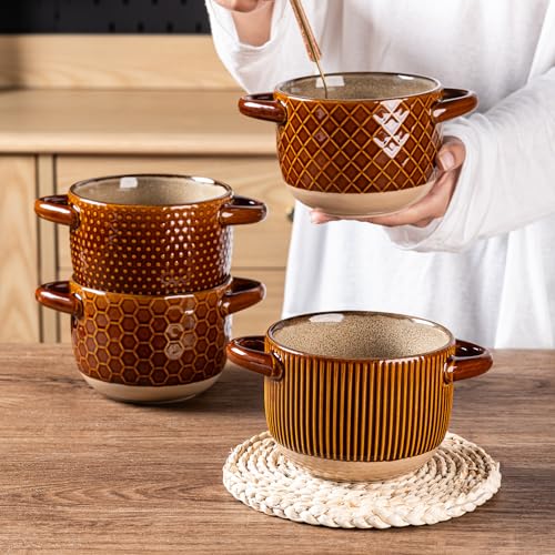 GBhome 22 Ounces Soup Bowls with Large Handles and Lids, Stoneware Bowls Set of 4 with Spoon for Soup, Cereal, Stew, Colourful Ceramic Kitchen Bowls, Microwave&Dishwasher Safe, Caramel - color: Caramel