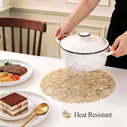 Quantum Love Round Placemats Set of 6 Vinyl Washable Easy Clean 15 Inch Gold Butterfly Place Mats for Kitchen, Dining, Party, Restaurant Table Decor - color: Gold Butterfly