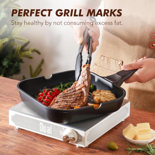 SENSARTE Nonstick Grill Pan with Lid, Grill Pan for Stove Tops, Versatile Griddle with Pour Spouts, Square Big Cooking Surface, Durable Skillet Indoor & Outdoor Grilling. PFOA Free - color: Classic Black, size: 12 Inch