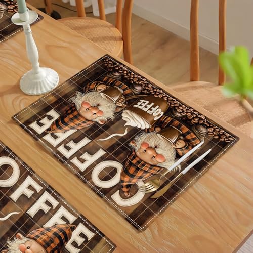 Coffee Gnomes Placemats Set of 6, Cafe Station Table Mats, Washable Place Mats for Coffee Bar Home Party Indoor Kitchen Dining Table Decor 12x18 Inch - color: Coffee Gnome, size: Set of 6