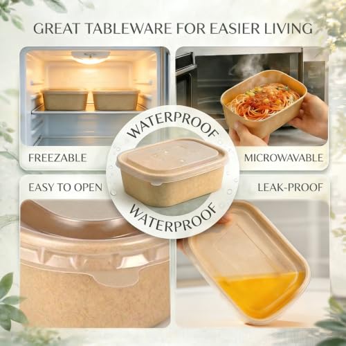 TOPtoper 50 Pack 33 OZ Disposable Meal Prep Containers with Lids and Forks, Large Kraft Paper Bowls for Party, Disposable Food Containers with Lids, Freezer and Microwave Safe Meal Prep Containers - size: 33 OZ