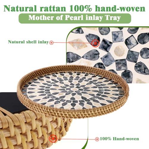13.8" Round Mother of Pearl Inlay Rattan Black Drop Design Serving Tray - color: Black Drop