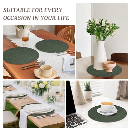 13" Round Placemats Set of 6, Reversible Faux Leather Wipeable Table Mats - color: Dark Green