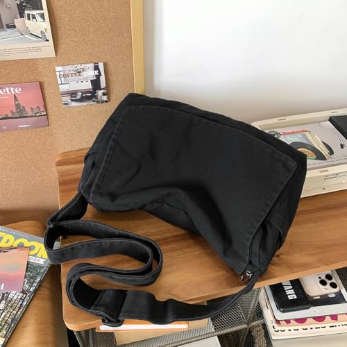 Messenger Bag for Women Men Satchel Bag Canvas Crossbody Shoulder Bag Casual Sling Bag - color: Black