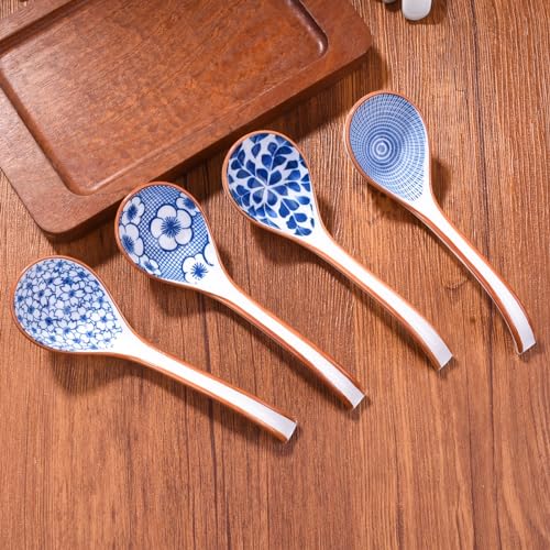 Ceramic Soup Spoon Set of 4, 6.5-Inch Blue and White Porcelain Ramen Spoons