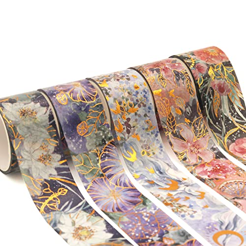 YUBBAEX Blooming Washi Tape Set Gold Foil Masking Tape Peony Wide Decorative for Arts, DIY Crafts, Journal Supplies, Planners, Scrapbook, Card/Gift Wrapping -25mm- (Purple Flowers) - color: Purple Flowers