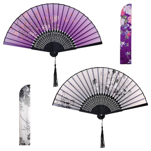2 Pcs Handheld Folding Fans with Tassel Chinese Folding Fan for Women Silk Bamboo Hand Held Fan with Fabric Sleeve for Dancing Wedding Decoration