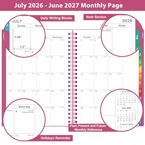 Planner 2026-2027 - 2026-2027 Academic Planner, 2026-2027 Planner Weekly and Monthly with Tabs, July 2026 - June 2026, 6.25" × 8.3", Strong Twin-Wire Binding - color: Rose Red