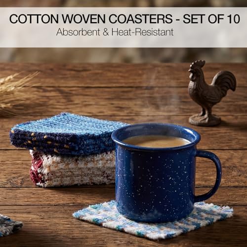Set of 10 Fabric Drink Coasters, Handcrafted Cotton Woven Coasters for Table, Coastal Farmhouse Table Decor for Coffee Tea Cocktails, Absorbent Soft Desk Coasters for Kitchen Office, Housewarming Gift - color: Blue Bird