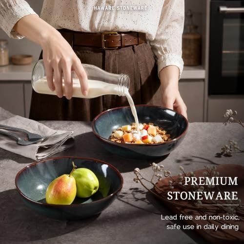 HaWare Cereal Bowls, 26oz Stoneware Serving Bowls Set of 4, for Salad Pasta - color: Reactive Moss Green