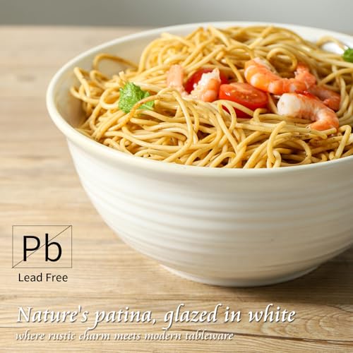 Hasense Serving Bowls, 9 Inch Ceramic Salad Bowls for Kitchen, 84 Ounce Mixing Bowl for Soup Pho Pasta Popcorn, Dishwasher & Microwave Safe, Set of 2(Clay-Infused White) - color: Clay-Infused White, size: 84 Ounce