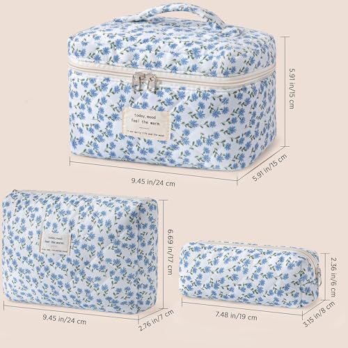 HBselect Quilted Makeup Bag, 3Pcs Cotton Large Travel Makeup Bags Organizer - color: A-3PCS-Floral 24