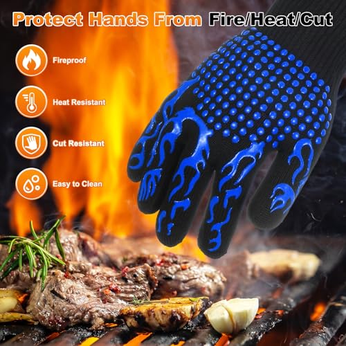 M METERXITY 1-Pair BBQ Gloves, 1472°F Heat Resistant Non-Slip Grilling Oven Gloves for Barbecue/Baking/Cooking, with Storage Bag [Flame Pattern L, Blue] - color: Blue