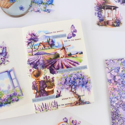 30 Sheets Precut Purple Garden Landscape Stickers Book for Junk Journal Supplies, Transparent PET Stickers for Journaling, Scrapbooking, Bujo, Collage, Card Making - color: The Purple Rhyme