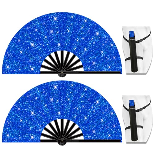 13" Large Folding Rave Fan with Holster, Clack Hand Fans Foldable for Line Dancing for Women Men Festival EDM Party Decoration, Glitter Blue 2 Pack - color: Glitter Blue