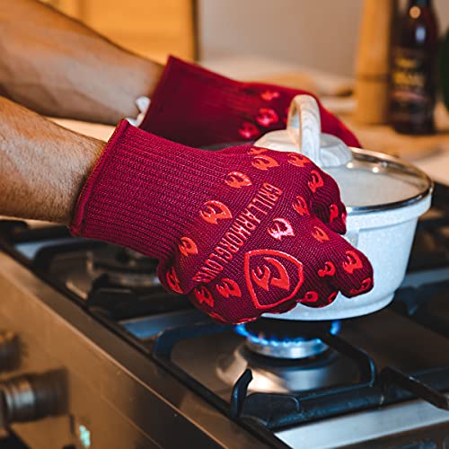 Grill Armor Oven Gloves with Fingers – 932°F Heat, Fire & Cut Resistant Mitts for BBQ, Grill, Cooking, Grilling, Baking, Smoker & Fire Pit - color: Red, size: X-Large Standard Cuff