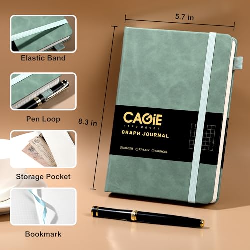 CAGIE Graph Paper Notebook- 320 Pages 100 GSM Graphing Grid Journal A5 Hardcover Leather Quad Ruled Notebooks for Engineering, Math, Work, Green - color: Green, style: Graph A5