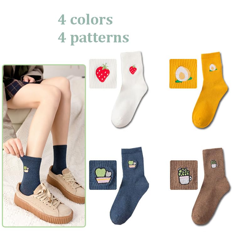 Fruit Socks Cute Socks for Women Crew Socks Cotton Embroidered Banana Avocado Strawberry 4-6pairs - color: C