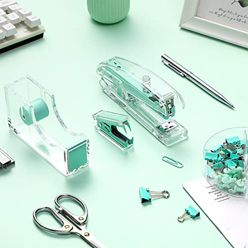 Office Supplies Set Desk Accessory Kit, Acrylic Stapler Set Staple Remover, Tape Dispenser, Binder Clips, Paper Clips, Ballpoint Pen and Scissor with 1000 Pieces 26/6 Staples (Green) - color: Green
