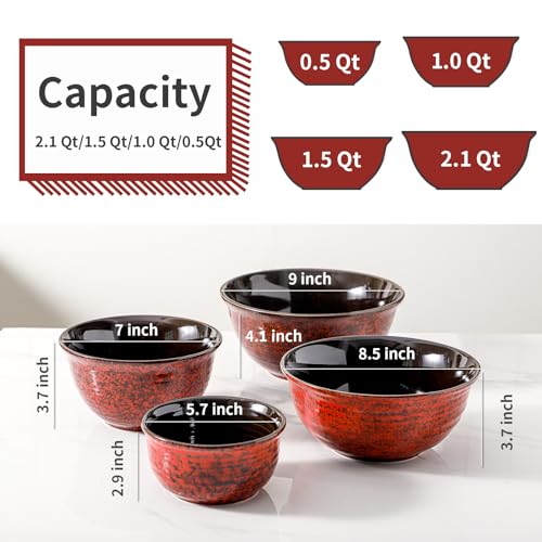 HASENSE Mixing Bowls, 2.1/1.5/1.0/0.5 Qt, Nesting Bowls for Cooking, Baking, Ceramic Serving Dishes Set of 4 for Salad, Fruits, Popcorn, Thanksgiving Christmas Gift, Dishwasher & Microwave Safe, Red - color: Red, size: 20+40+65+84 Ounce
