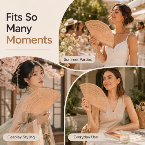 COHEALI Bamboo Folding Hand Fan, 12.5 Inch Wooden Handheld Fan with Tassel, Vintage Cooling Accessory for Women, Weddings and Parties