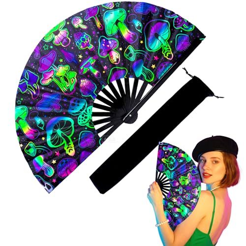 13 Inch Large Rave Fan & Clack Fan for Line Dancing - Folding Hand Fan with UV Glow for Boots on The Ground, Performance, Wedding, Party - Portable Handheld Fan for Women & Men - color: Mushroom*1