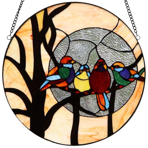 Bieye W10045 Birds & Full Moon Tiffany Style Stained Glass Panel, 16-Inch