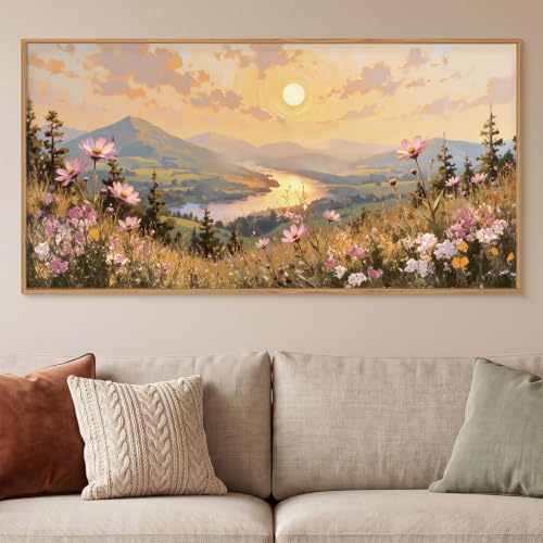 LHIUEM Large Boho Sunset Wildflower Framed Canvas Wall Art,Nature Pink Flower Wall Decor,Blossom Botanical Mountain Landscape Artwork for Living Room,Bedroom,Dining Room,Office-20 x40 x1 - color: Boho Sunset Wildflower Wall Art, size: 40"L x 20"W