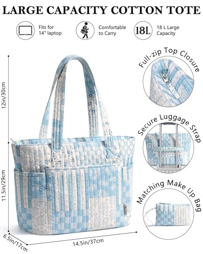 Bagstellar Quilted Tote Bag for Women Teacher Nurse Cotton Laptop Work Tote - color: Blue Vintage Floral