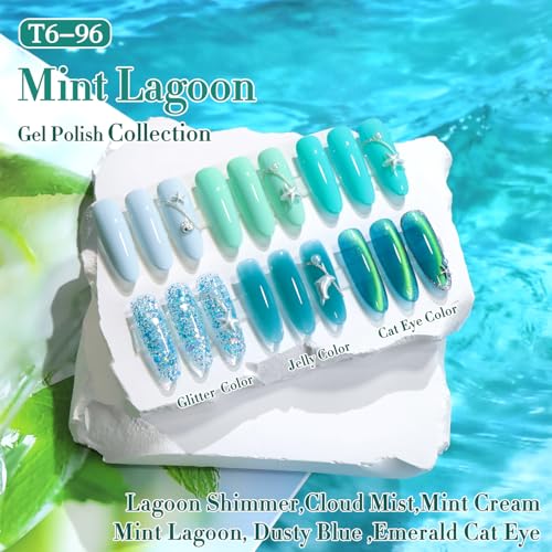 Double Rhythm 6 Pcs 15 ML Gel Polish Set Same Color Same Bottle Soak Off Cat Eye Glitter Gel Polish Kit Nail Art Manicure Salon DIY at Home for Women (Teal Mint Green-T6-96) - color: Mint Lagoon