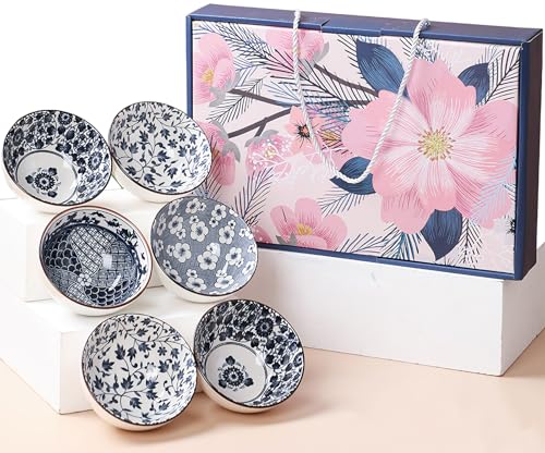 Rice Bowls 10oz, Japanese Style Bowls Set of 6 with Gift Box - Blue and White Ceramic Bowls for Soup, Dessert, Ice Cream, Snack - Kitchen Gifts for Women (Blue and White) - color: Japanese B (6 bowls)