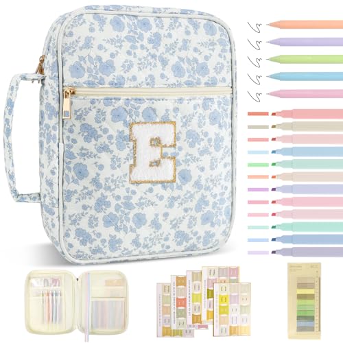 Personalized Initial Bible Cover Case for Women Girls Kid - Large Quilted Bible Case with Handle,Chenille Letter Bag Study Supplies,Christmas Gifts for Christians Birthday Graduation(Blue Flower-E) - color: Blue Flower, size: letter-E