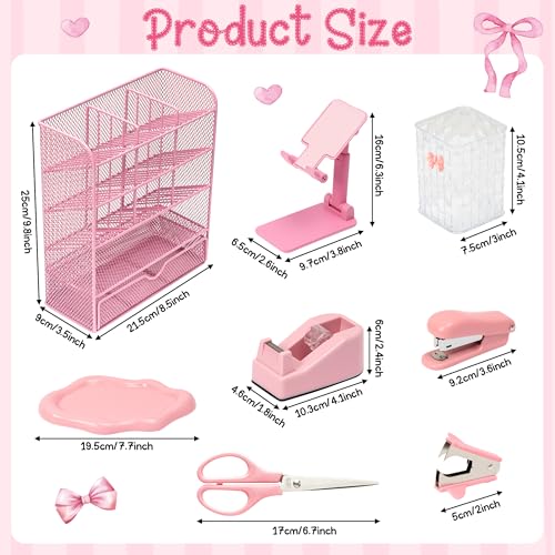 WATINC Pink Desk Organizer Accessories - 21pcs Aesthetic Office School Storage Supplies with Mesh Desk Organizer, Bow Pen Holder, Tape Dispenser, Ruler, Clip, Phone Stand Stationery Kit for Girl Women