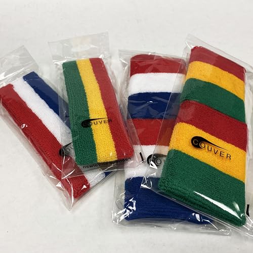 COUVER 3 Color Striped Sports Sweatband Set - color: Gold Yellow/Sky Blue/Red