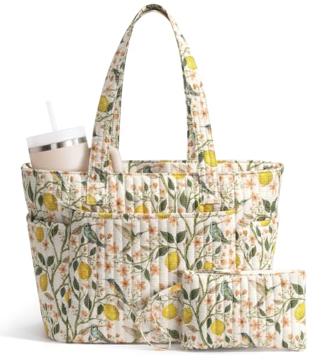 Bagstellar Quilted Tote Bag for Women Teacher Nurse Cotton Laptop Work Tote - color: Lemon Hummingbird