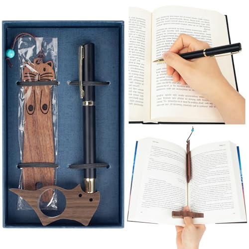 3 Pack Wooden Cat Book Page Holder Set for Book Lovers, Portable Thumb Bookmark Reading Accessories with Pen, Cute Bookworm Gift for Women for Home and Office