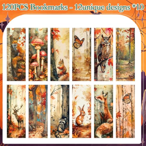 Fall Bookmarks Gifts for Women - 120 Pcs Autumn Forest Animal Bookmark Paper Maple Leaf Fox Butterfly Page Book Marks for Book Lovers Harvest Office School Thanksgiving Party Favors - color: Fall Forest Animal