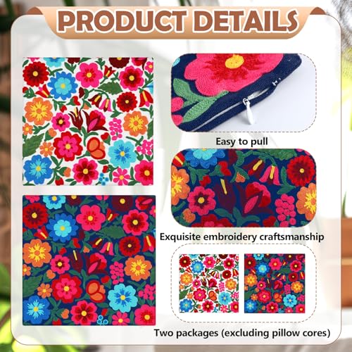HunnmingRe 2 Pcs Mexican Boho Throw Pillow Covers 18 x 18 Inch Embroidery Colorful Floral Throw Pillows Ethnic Decorative Fiesta Cushion Covers for Bed Couch Sofa Home Decor(White,Blue) - color: White,blue